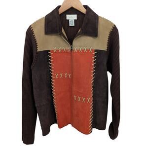 VTG Patchwork Leather Jacket Sz Medium Ribbed Knit Sleeves Brown Orange Zip Up